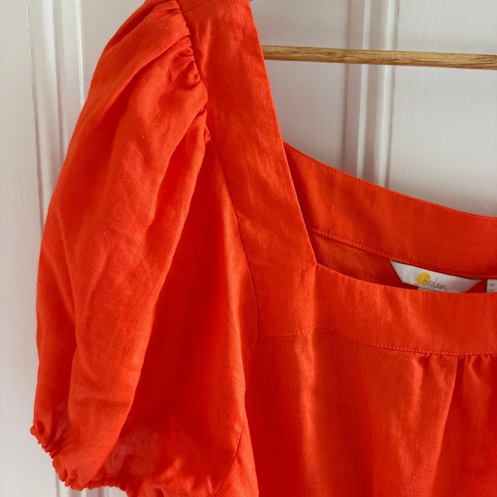 Boden Square Neck Puff Sleeve Linen Blouse in Orange/Red - Size 14